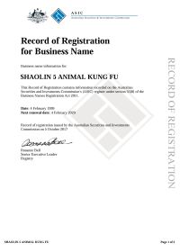 ASICS rcord of name registration